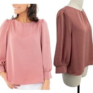 Tuckernuck Pomander Place Farah Blouse Long Puff Sleeve Satin Mauve Pink XS